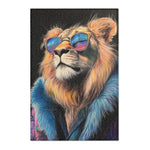 Lion with rainbow sunglasses and blue fur coat portrait, canvas texture visible, Neon King Vibrant Lion Accent Rug
