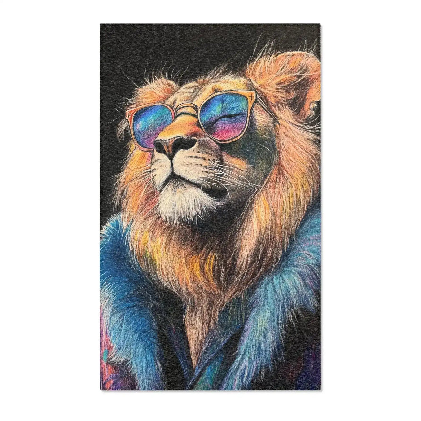 Regal lion with multicolored holographic sunglasses and blue fur coat on black background, Neon King Vibrant Lion Accent Rug