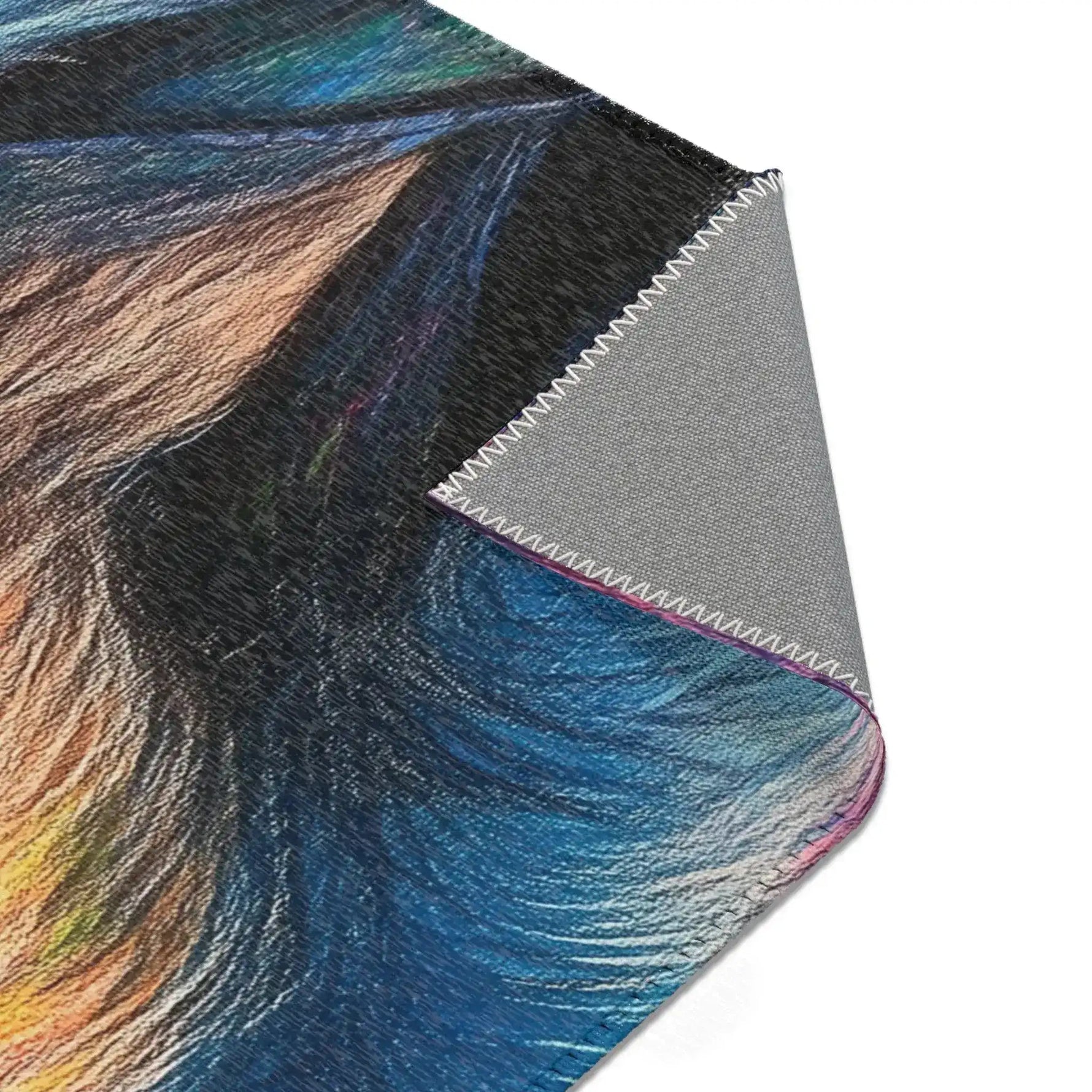Horizontal rug showing dressed stag with blue round glasses and colorful patterned jacket on cream background, Neon King Vibrant Lion Accent Rug