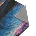 Corner fold showing blue-purple coat and pink accent fold with grey non-slip woven underside, Neon King Vibrant Lion Accent Rug
