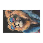 Close-up of lion face with swirling golden and blue mane wearing rainbow-lens sunglasses, Neon King Vibrant Lion Cotton Kitchen Towel close detail