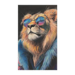 Majestic lion with golden mane wearing rainbow-lens cat-eye sunglasses and blue fur-trimmed jacket, Neon King Vibrant Lion Cotton Kitchen Towel front portrait