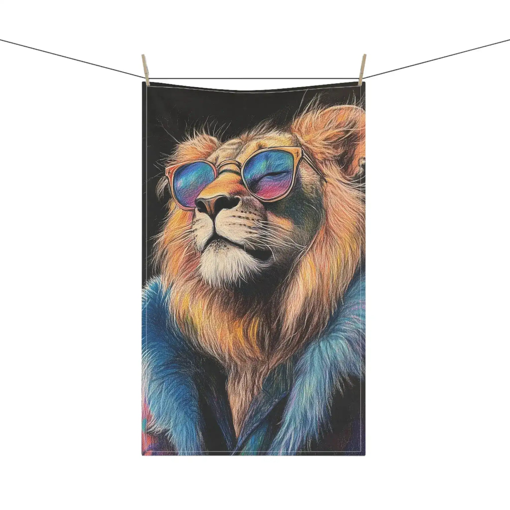 Neon King Vibrant Lion Cotton Kitchen Towel hanging on rope with wooden clothespins showing full rainbow-sunglasses lion print on black