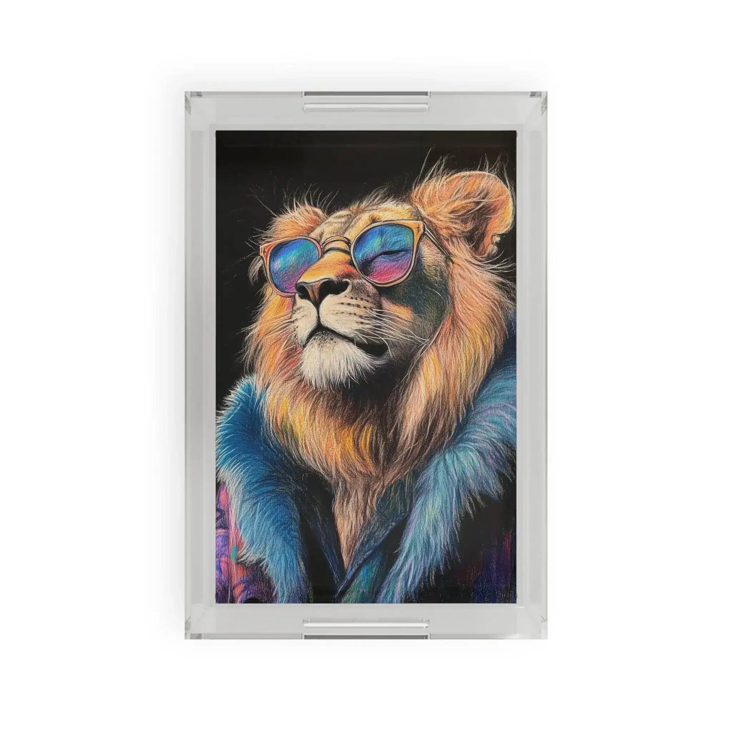 Clear acrylic Neon King Vibrant Lion Serving Tray with colorful lion in mirrored sunglasses and blue fur collar on black