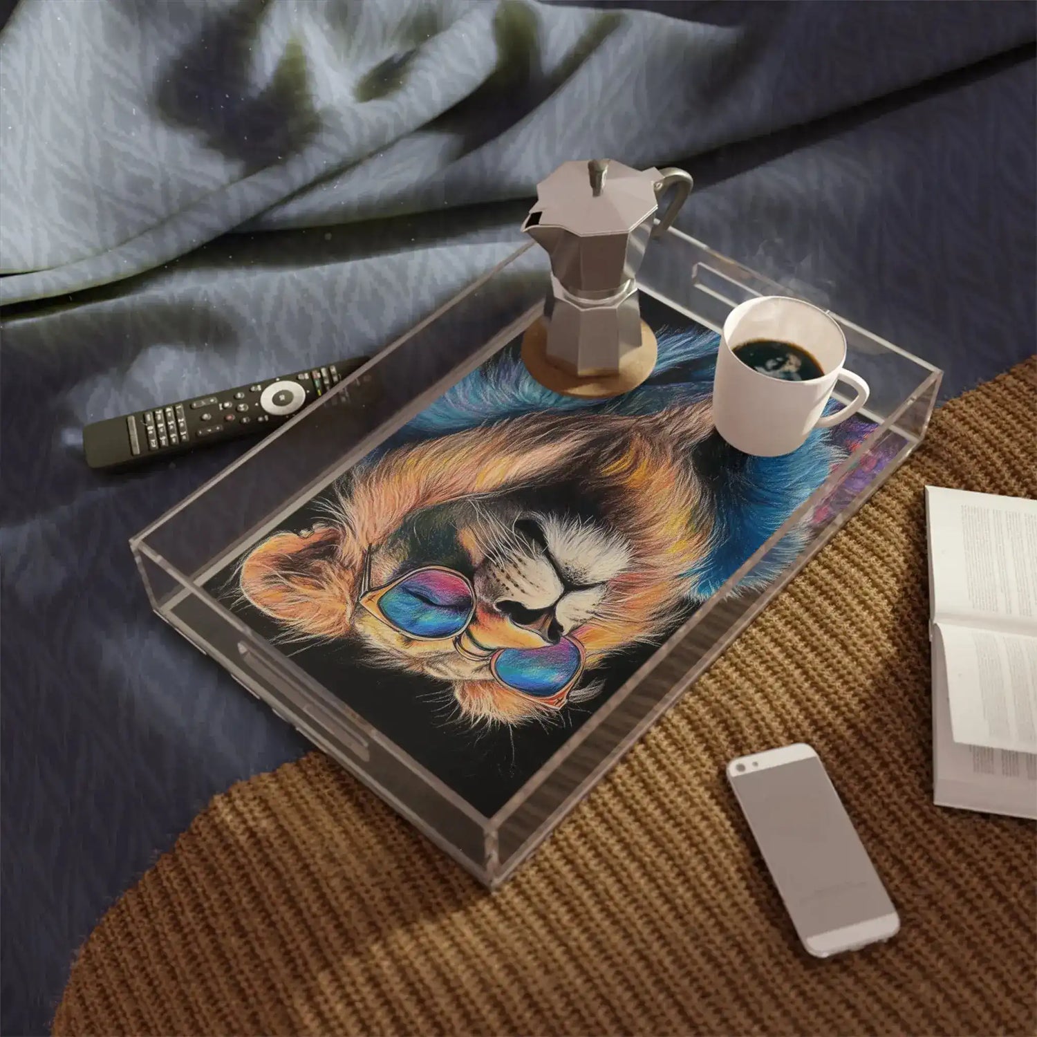 Neon King Vibrant Lion Serving Tray on a bed with moka pot, coffee cup and phone, colorful sunglasses-wearing lion art
