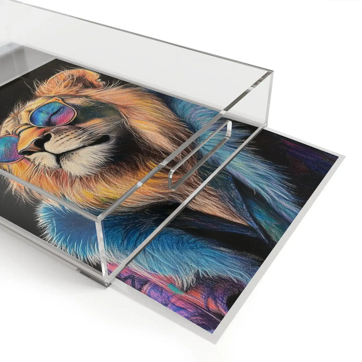 Angled Neon King Vibrant Lion Serving Tray with lid lifted, showing vivid lion portrait in blue collar and sunglasses