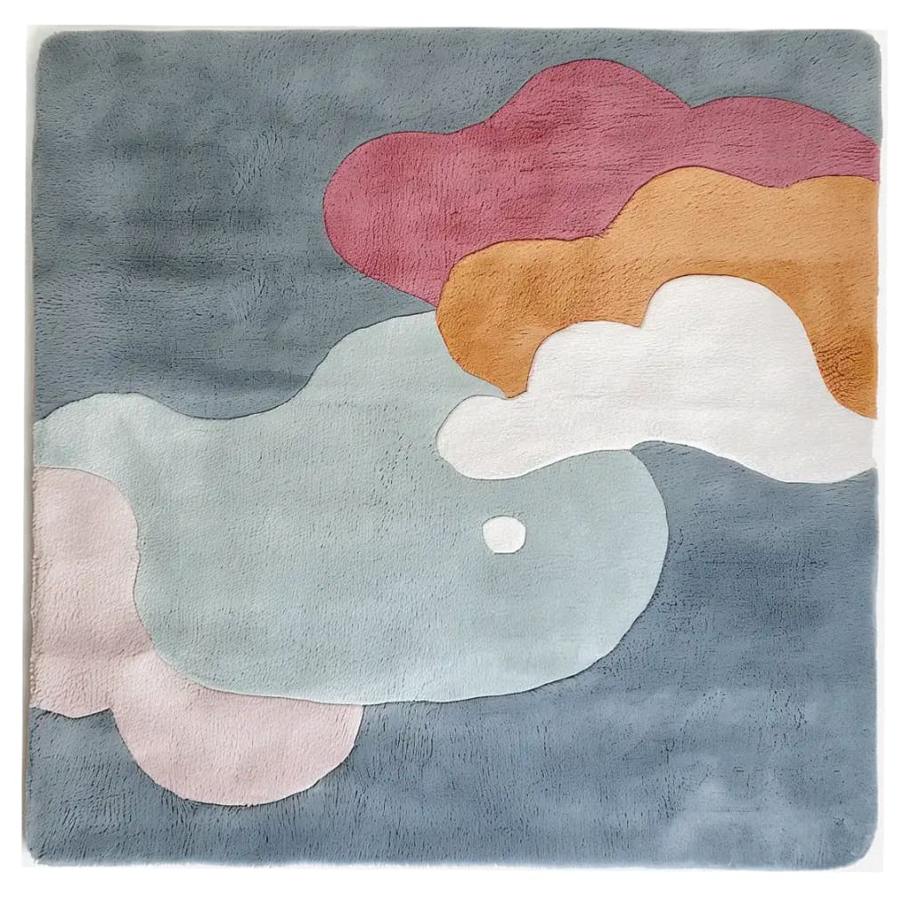 A beautifully designed Nimbus Dreams Hand Tufted Wool Rug featuring abstract cloud patterns in pastel colors, perfect as an area rug for enhancing the aesthetic of your living room. This 8x10 wool rug adds a touch of elegance and comfort to any space.