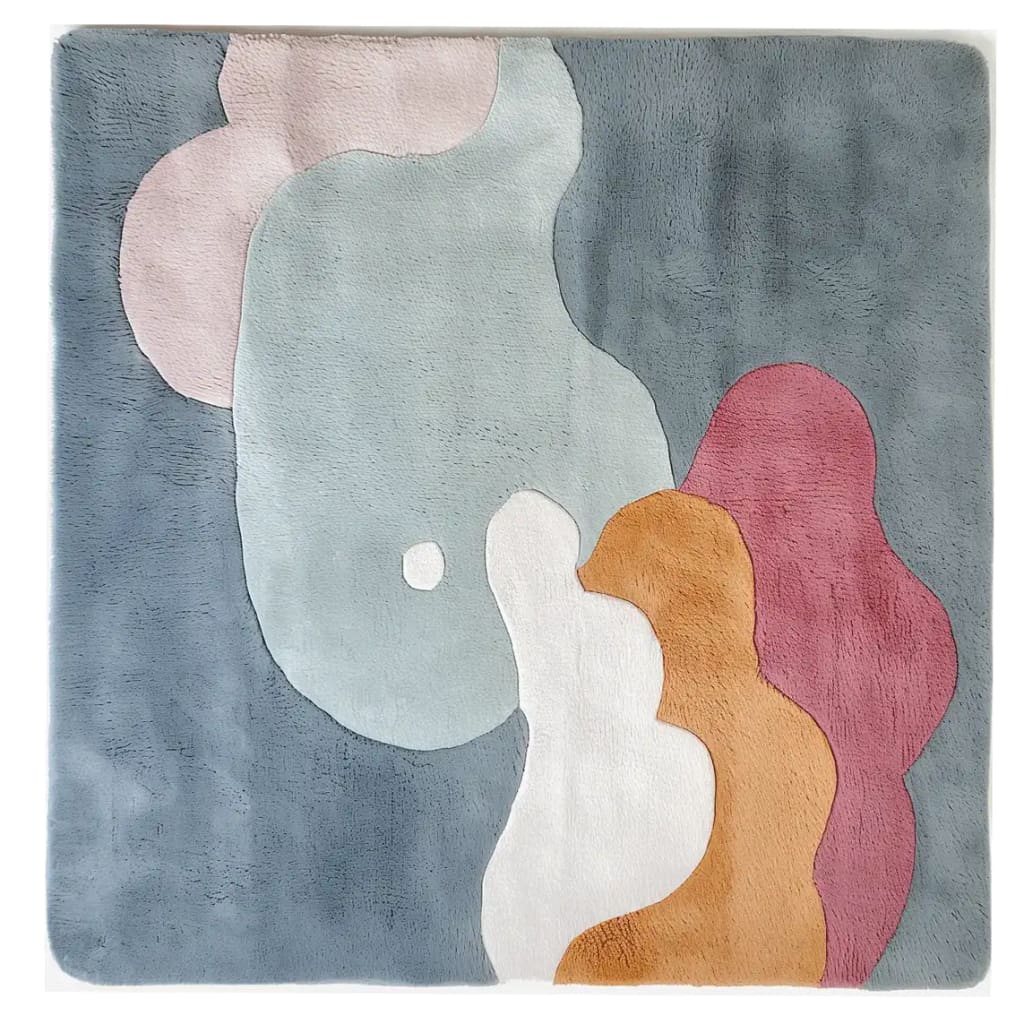 Abstract design area rug made from hand tufted wool, featuring a blend of soft pastel colors including blue, pink, and orange. Ideal for adding a stylish touch to living room spaces, this 8x10 wool rug offers comfort and elegance.