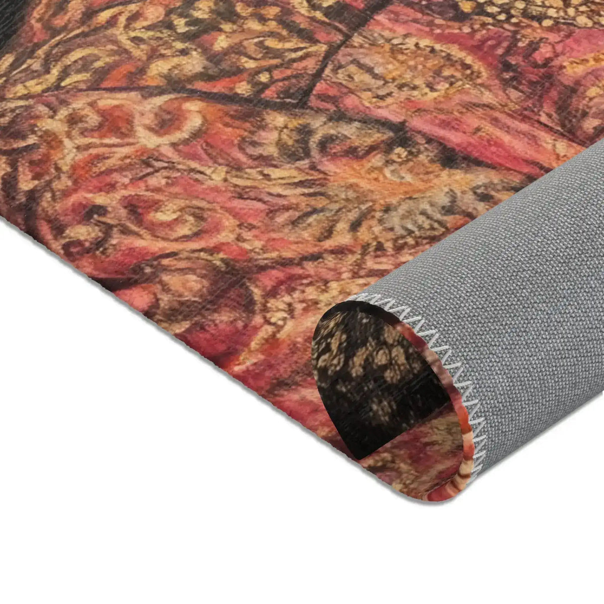 Noble Swine Opulent Pig Accent Rug corner folded back revealing grey non-slip backing, ornate red and gold brocade pattern face