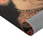 Corner detail of Noble Swine Opulent Pig Accent Rug showing pig portrait with pink fur and ornate brocade collar, grey non-slip backing