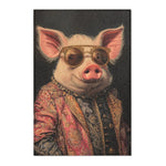 Noble Swine Opulent Pig Accent Rug smiling pig portrait in pink brocade and gold spectacles, textured canvas on dark ground