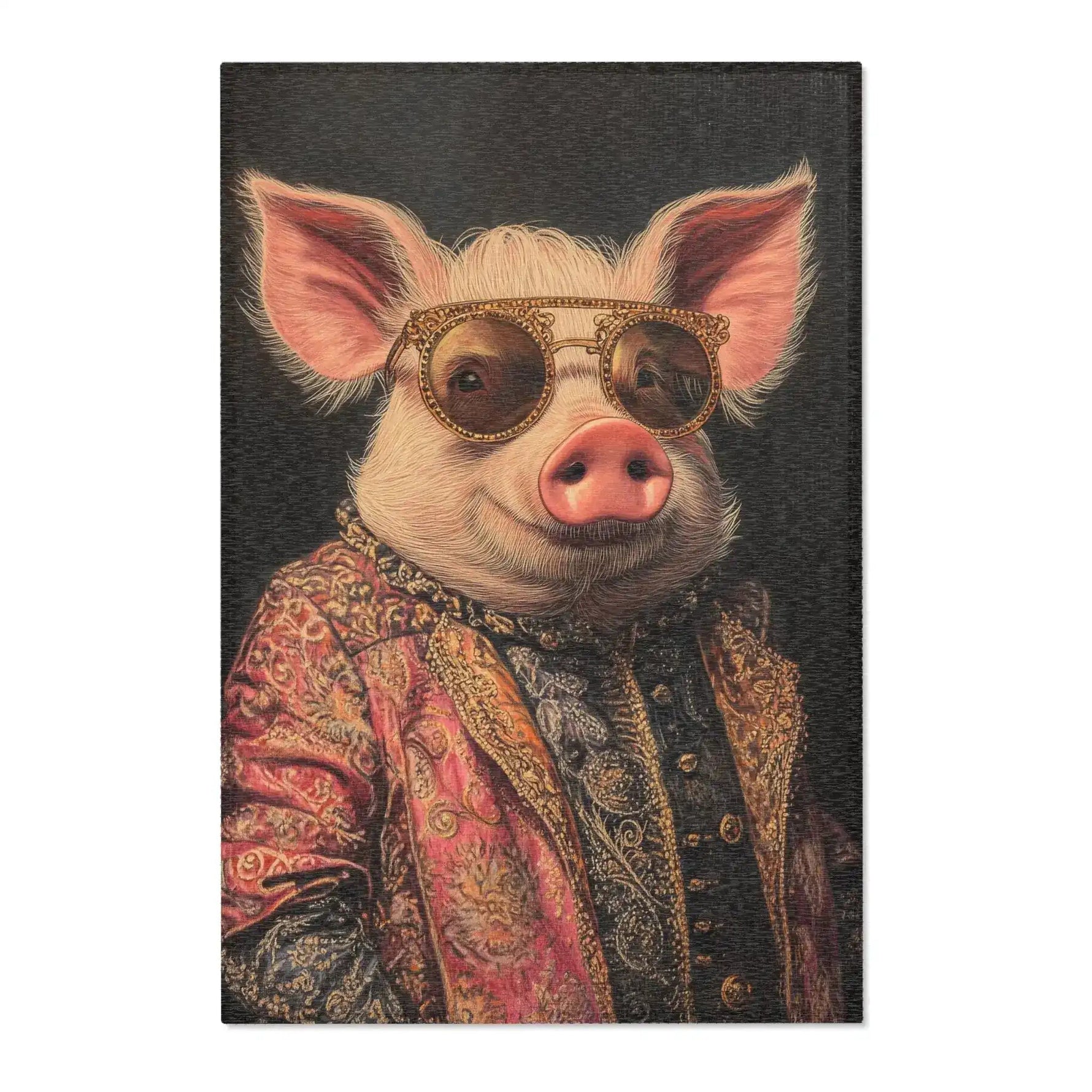 Noble Swine Opulent Pig Accent Rug smiling pig portrait in pink brocade and gold spectacles, textured canvas on dark ground