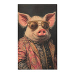Dapper pig in ornate pink paisley brocade coat and gold round sunglasses, dark portrait on Noble Swine Opulent Pig Accent Rug