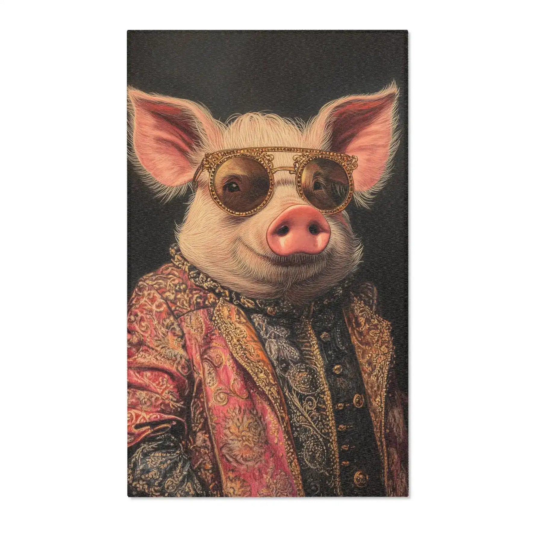 Dapper pig in ornate pink paisley brocade coat and gold round sunglasses, dark portrait on Noble Swine Opulent Pig Accent Rug