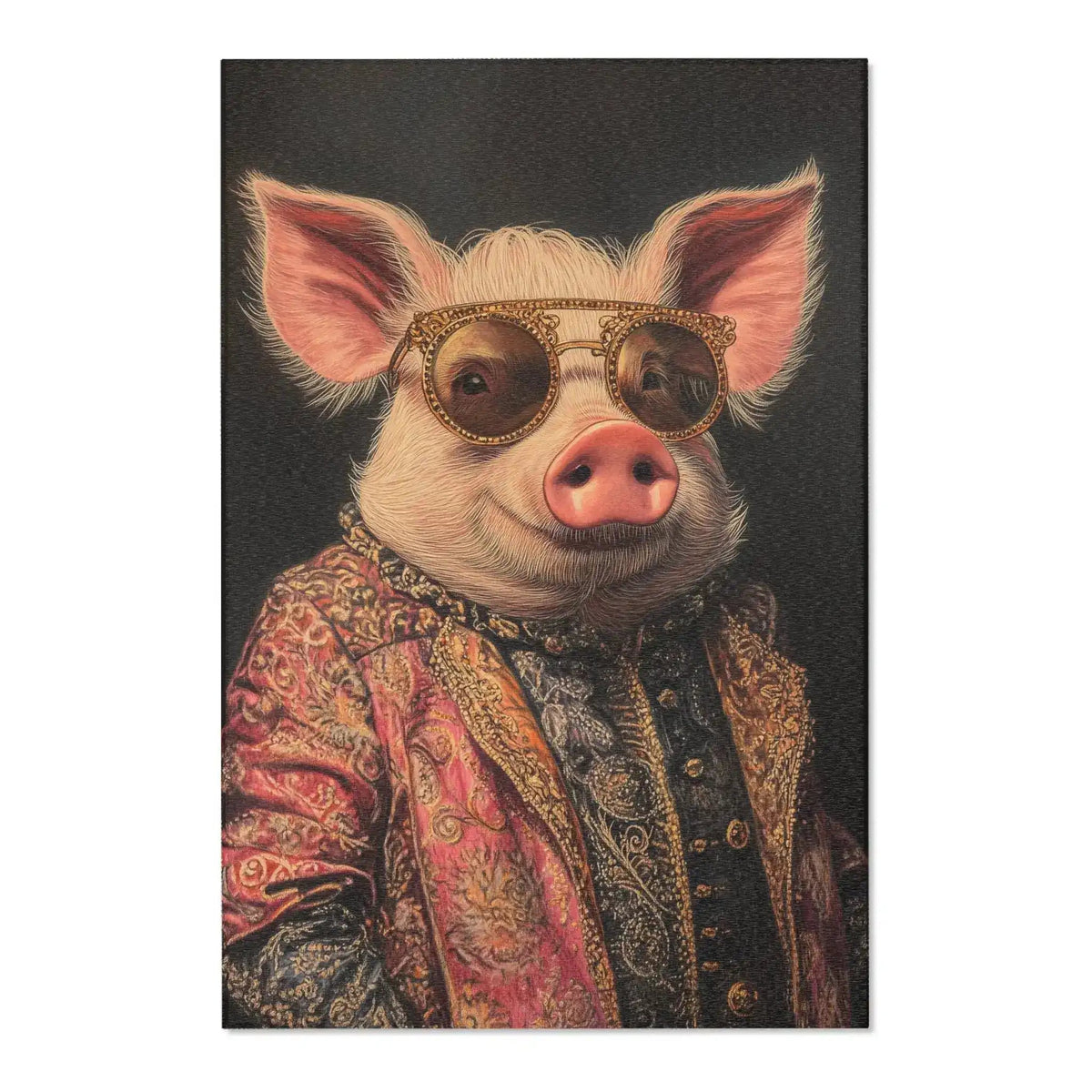 Dark profile silhouette with pink and teal hand shapes inside head, colorful abstract body fill on gold textured ground, Noble Swine rug