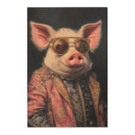 Dark profile silhouette with pink and teal hand shapes inside head, colorful abstract body fill on gold textured ground, Noble Swine rug