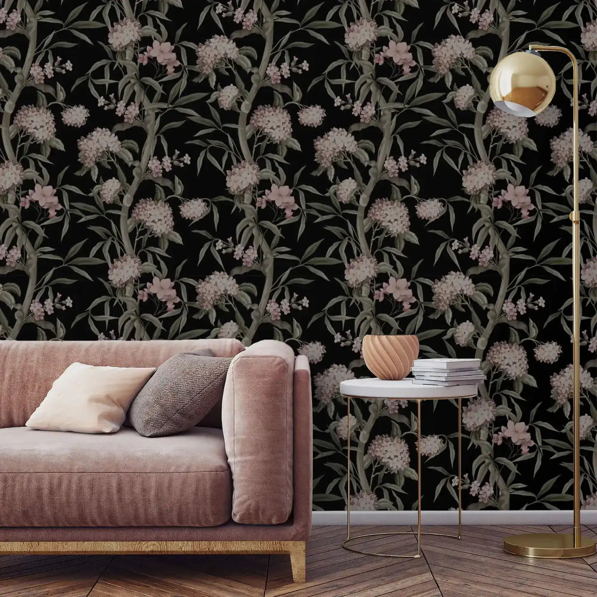 Light variant of Blushing Blossoms wallpaper, pink flowers on pale cream ground, gray daybed with pillows in bedroom