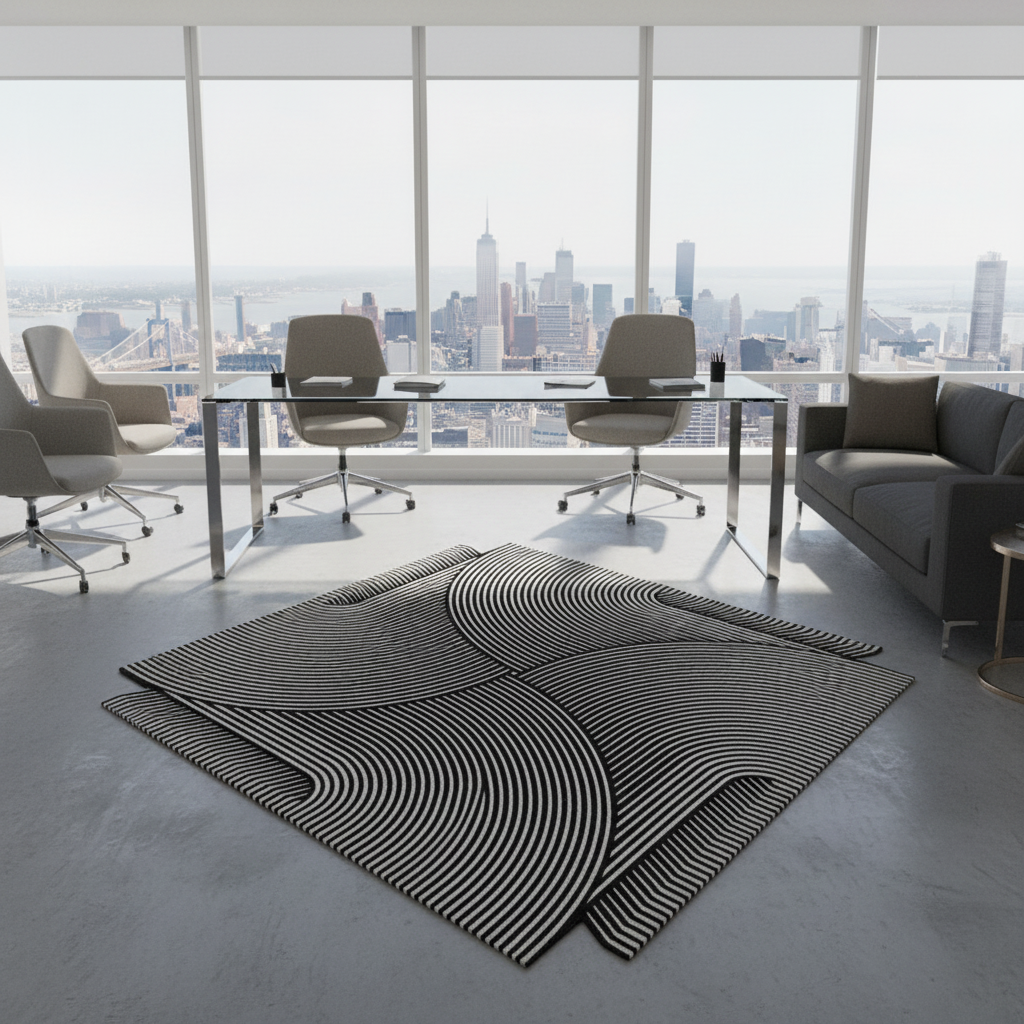 Modern office space with a large window view, gray furniture, and a black and white patterned rug.
