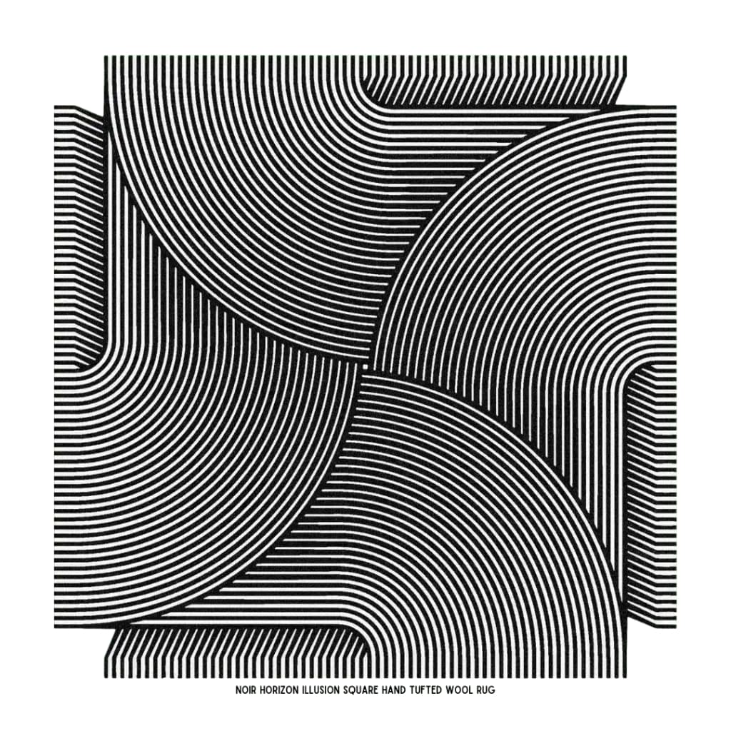 Contemporary square area rug featuring an intricate black and white geometric pattern, perfect for modern living room decor. This hand-tufted wool rug adds a touch of sophistication and style, making it an ideal choice for those seeking large area rugs with a unique design.