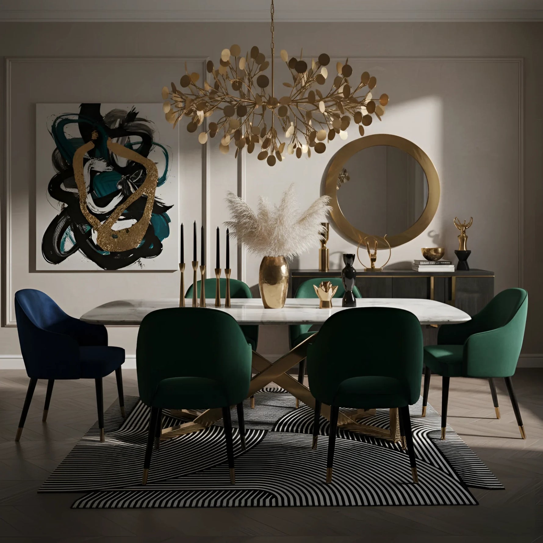 Modern dining room with green chairs, a white table, and a black and white hand tufted wool rug.