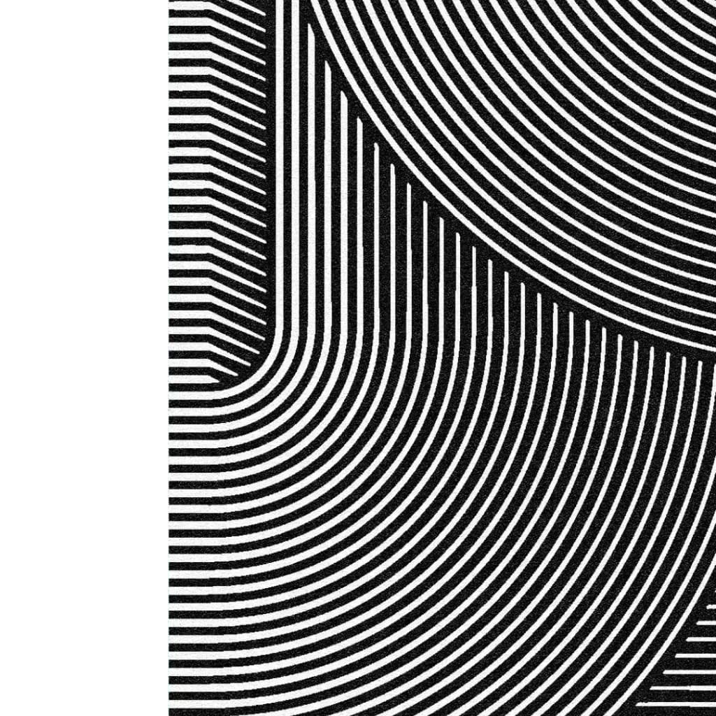 Top view of the Noir Horizon Illusion Square Hand Tufted Wool Rug featuring a striking black and white geometric pattern with curved lines. This contemporary square area rug is perfect for adding a modern touch to any living room. Made from high-quality wool, this large area rug combines the elegance of Persian rugs with a bold design, making it an ideal choice for those seeking unique rugs for living room spaces.