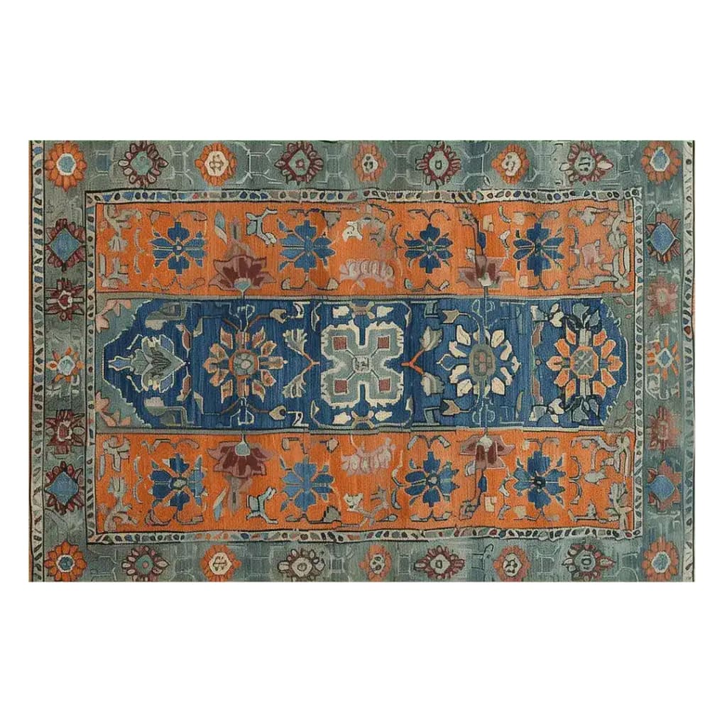 This vibrant Nomadic Heritage Knotted Wool Rug features intricate patterns with bold colors like orange and blue, making it a perfect area rug for the dining room or bedroom. Its vintage design and wool texture add a touch of elegance to any living room or dining space, creating a warm and inviting atmosphere.