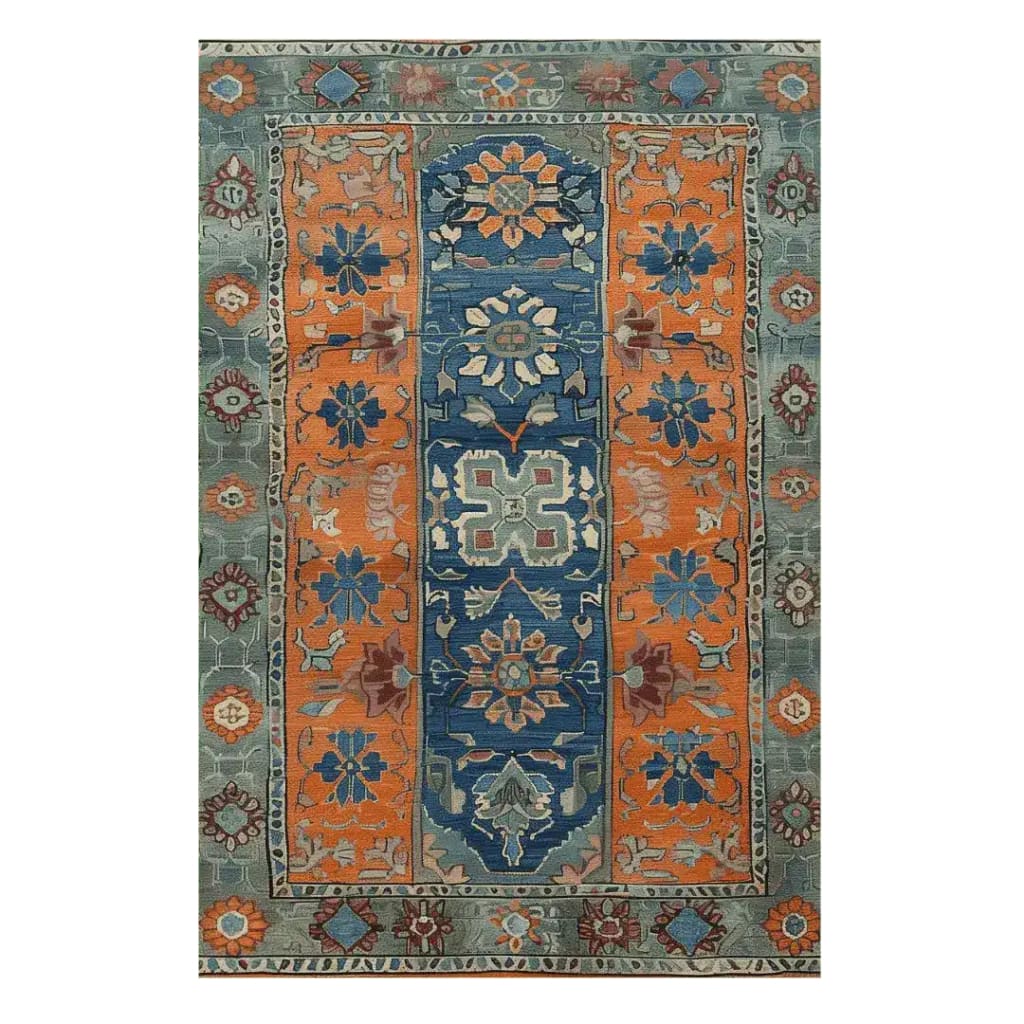 A beautifully crafted Nomadic Heritage Knotted Wool Rug featuring vibrant orange and blue patterns with intricate floral designs. This vintage area rug is perfect for enhancing the decor of dining rooms, bedrooms, and living rooms.