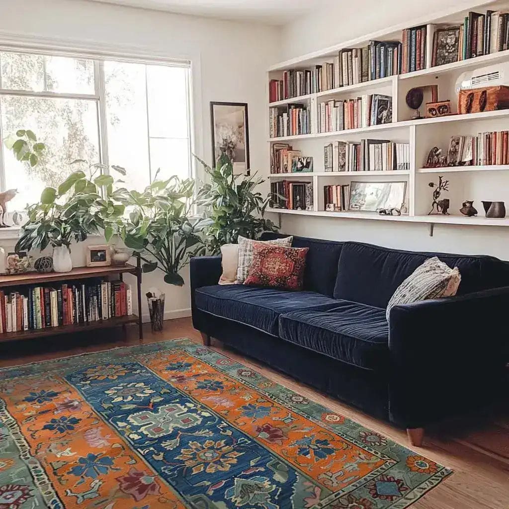 A vibrant and cozy living room featuring a Nomadic Heritage Knotted Wool Rug. The area rug, with its vintage design, adds a splash of color to the room, complementing the blue sofa and surrounding greenery. Ideal for living room and dining room spaces, this wool rug enhances the warmth and style of the home.