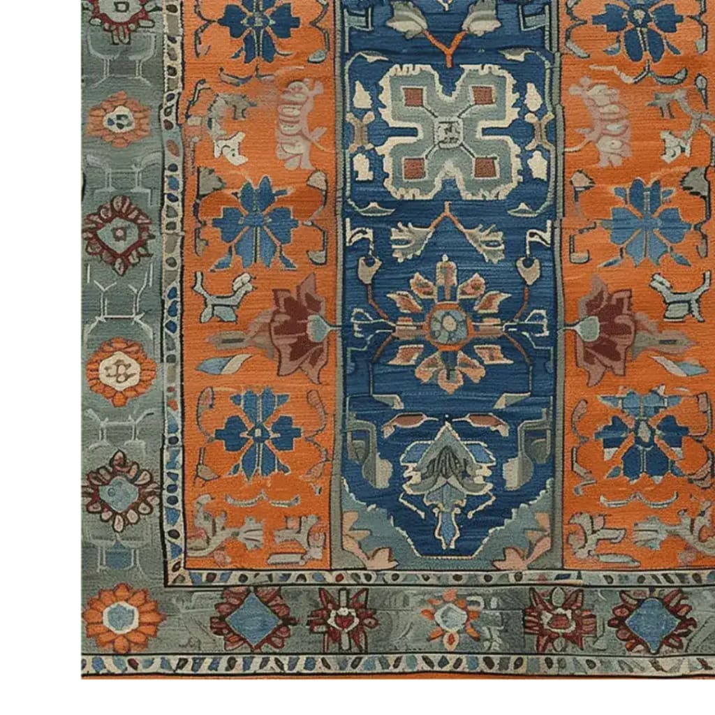 Colorful Nomadic Heritage Knotted Wool Rug with intricate patterns in orange and blue, perfect as an area rug for dining rooms or bedrooms, adding a vintage touch to living room and dining room spaces.