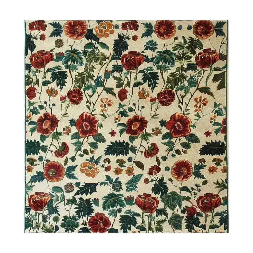 The Nostalgic Poppy Haven Hand Tufted Wool Rug is a stunning floral area rug, perfect for adding a touch of elegance to any dining or living room. This square rug features a vibrant pattern of red and orange poppies surrounded by lush green leaves on a neutral background, making it an ideal choice for large living room rugs or as a statement piece in an 8x10 living room setting.