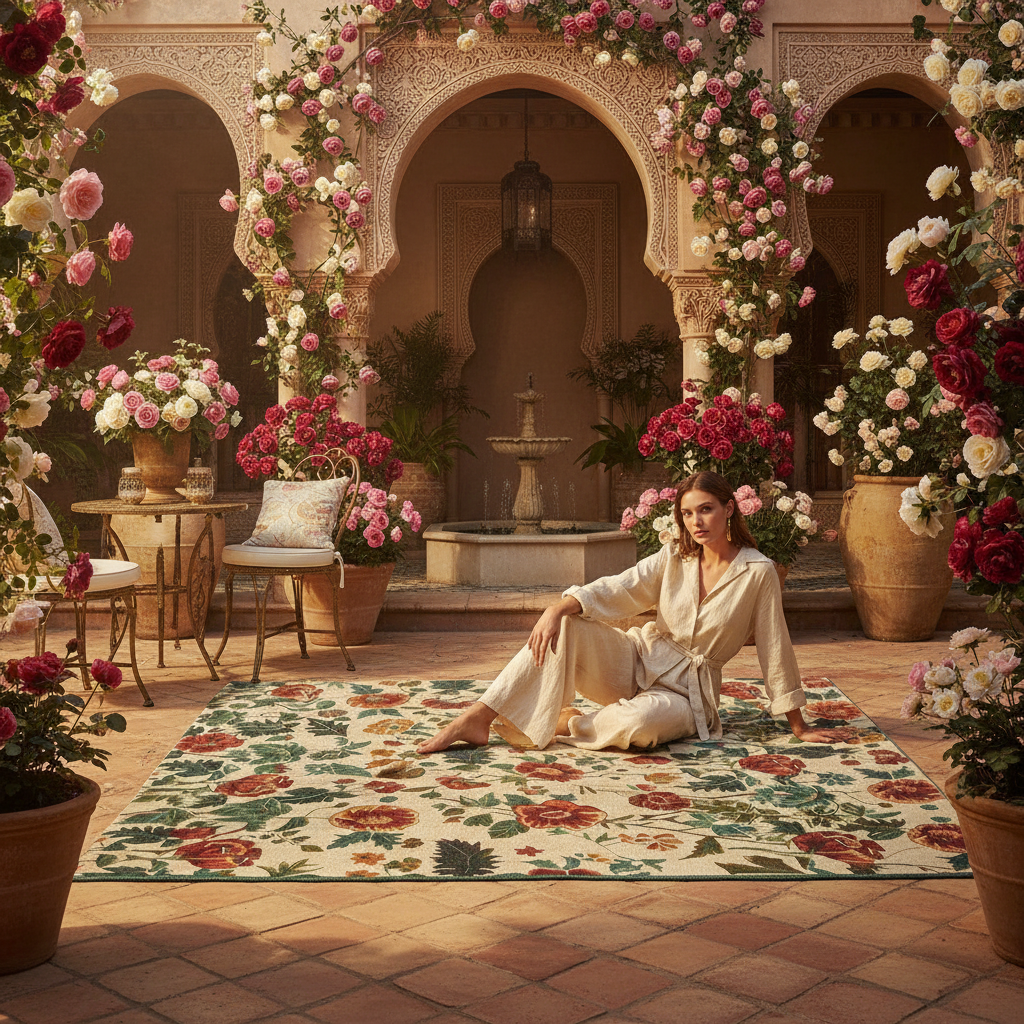 Woman sitting on a floral rug in a decorative courtyard with flowers and arches.