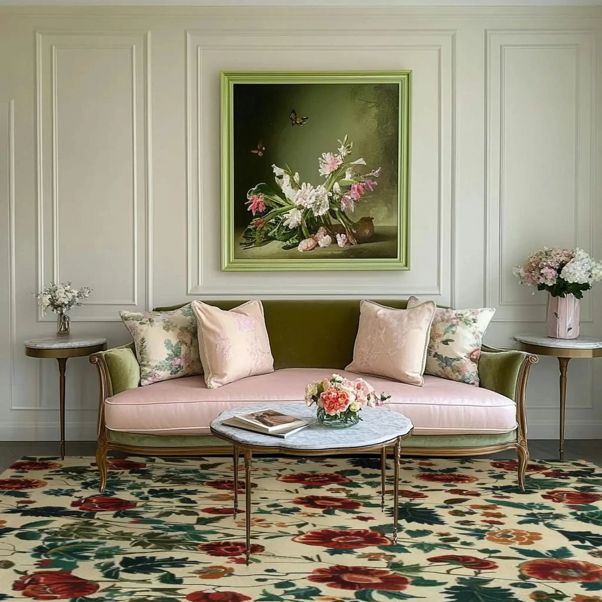 A cozy living room setting featuring a Nostalgic Poppy Haven Hand Tufted Wool Rug with a vibrant floral design. This large square area rug, perfect for a dining room or living room, complements the elegant sofa and decor. Ideal for 8x10 living room spaces, this wool rug adds a nostalgic touch with its colorful poppy pattern.