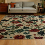 A luxurious area rug with a floral design in rich hues of red, green, and cream, perfect for a large living room or dining room. This wool rug, shown in an 8x10 size, adds a touch of elegance and nostalgia to any space with its hand-tufted craftsmanship. Ideal as a square rug for a cozy living room setting.