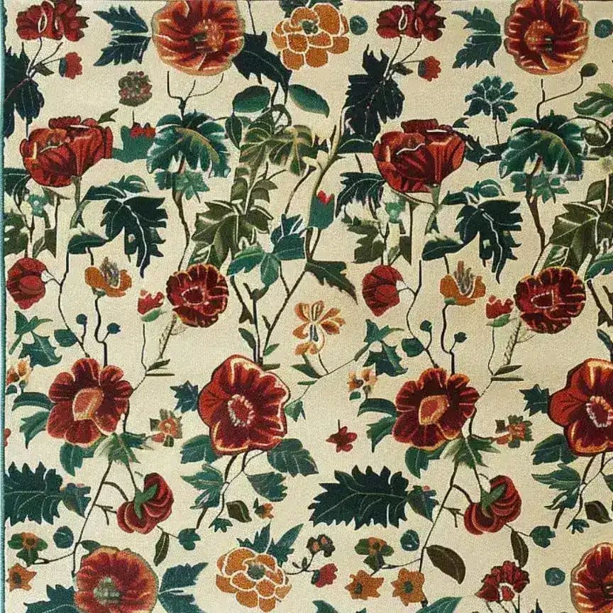 This vibrant square area rug showcases a beautiful floral design with rich red and orange poppies and lush green leaves on a soft beige background. Perfect for adding a touch of nostalgia to your living room or dining room, this hand-tufted wool rug measures 8x10, making it ideal for large living spaces.