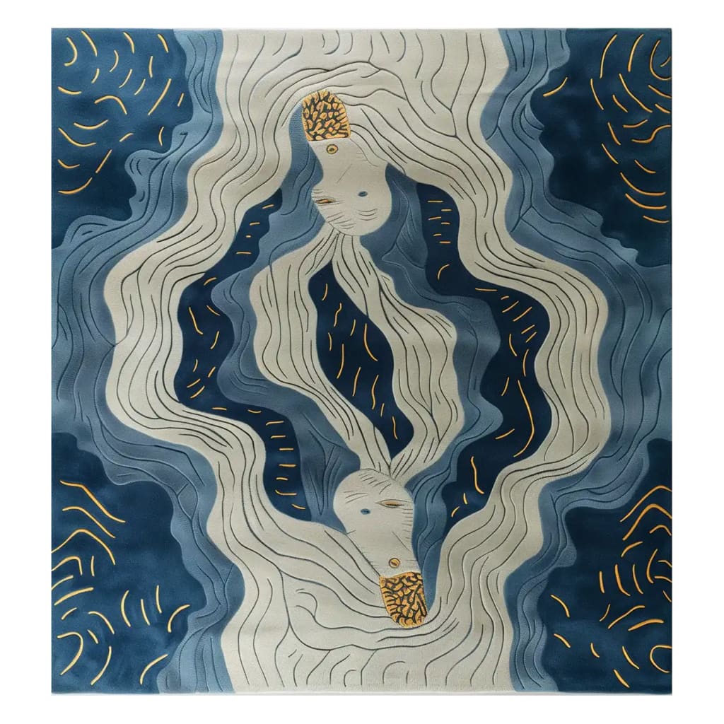 Top view of the Nouveau Blue Hand Tufted Wool Rug, showcasing an abstract design with flowing lines in shades of blue and cream. This contemporary rug is perfect for adding a touch of elegance to any living room. Ideal as an area rug, it enhances the space with its artistic flair and quality wool texture.
