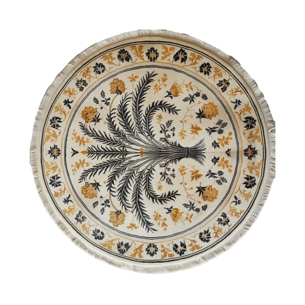 A beautifully designed round area rug featuring intricate floral patterns in black and gold on a cream background. This wool rug is perfect for adding elegance to living room spaces, especially in an 8x10 setting. Ideal for those seeking stylish area rugs for living rooms.