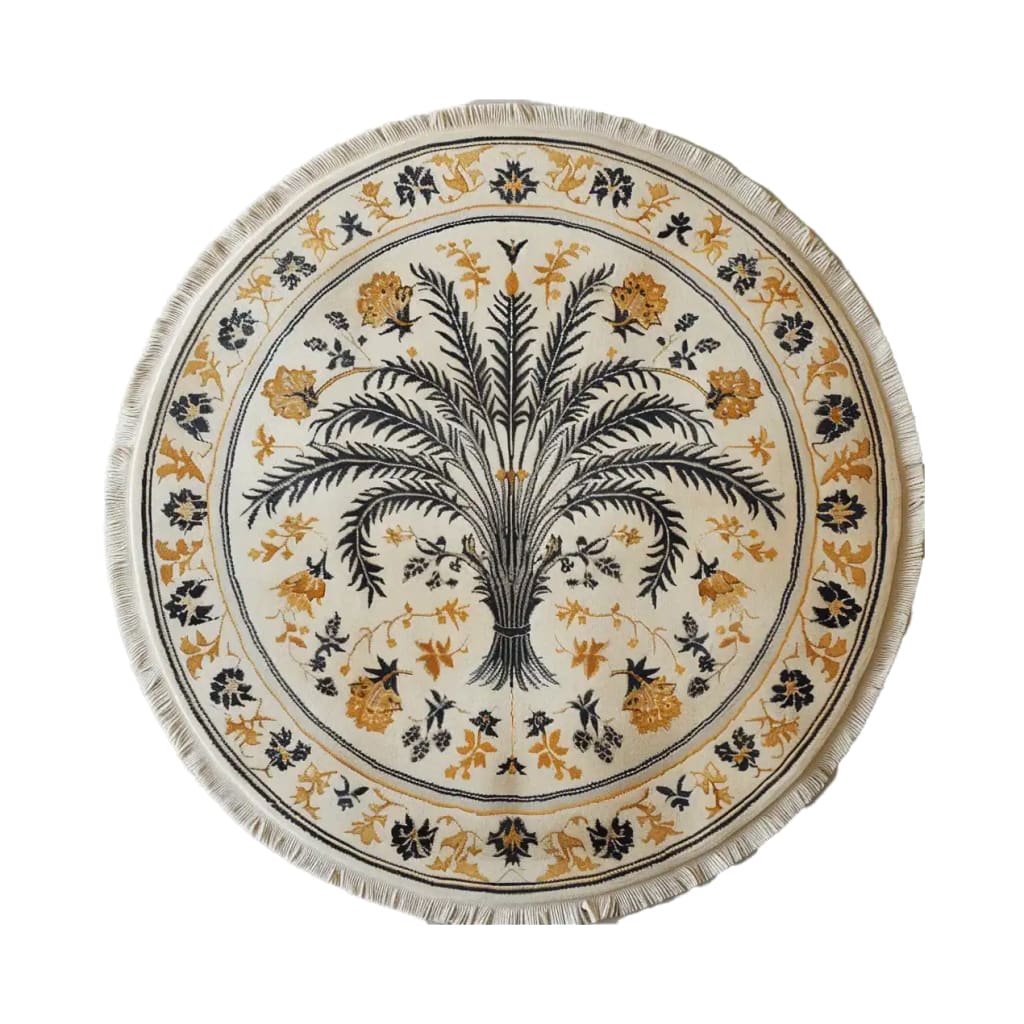 Beautiful round Oasis Embrace Knotted Wool Rug featuring an intricate palm tree design surrounded by floral patterns in black and gold. Perfect for adding warmth and style to your living space, this area rug is a stunning addition to any 8x10 living room setup.