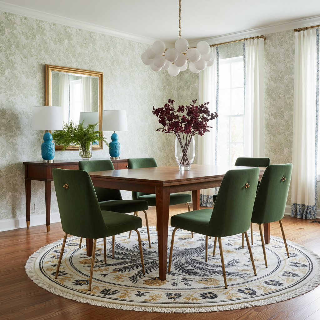Dining room with wooden table and green chairs, floral arrangement, and decorative rug.