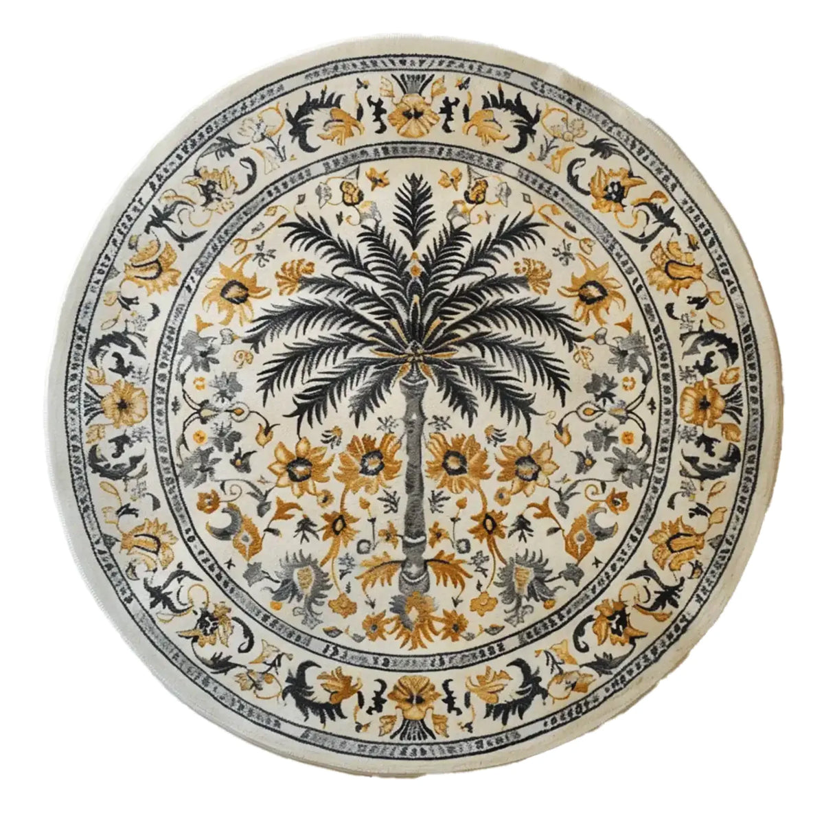 Elegant Oasis Reverie Hand Tufted Wool Rug featuring a round design with intricate floral patterns and a central palm motif. Perfect for enhancing large living rooms, this wool rug offers a touch of nature with its detailed design, making it an ideal choice for those seeking unique living room area rugs.