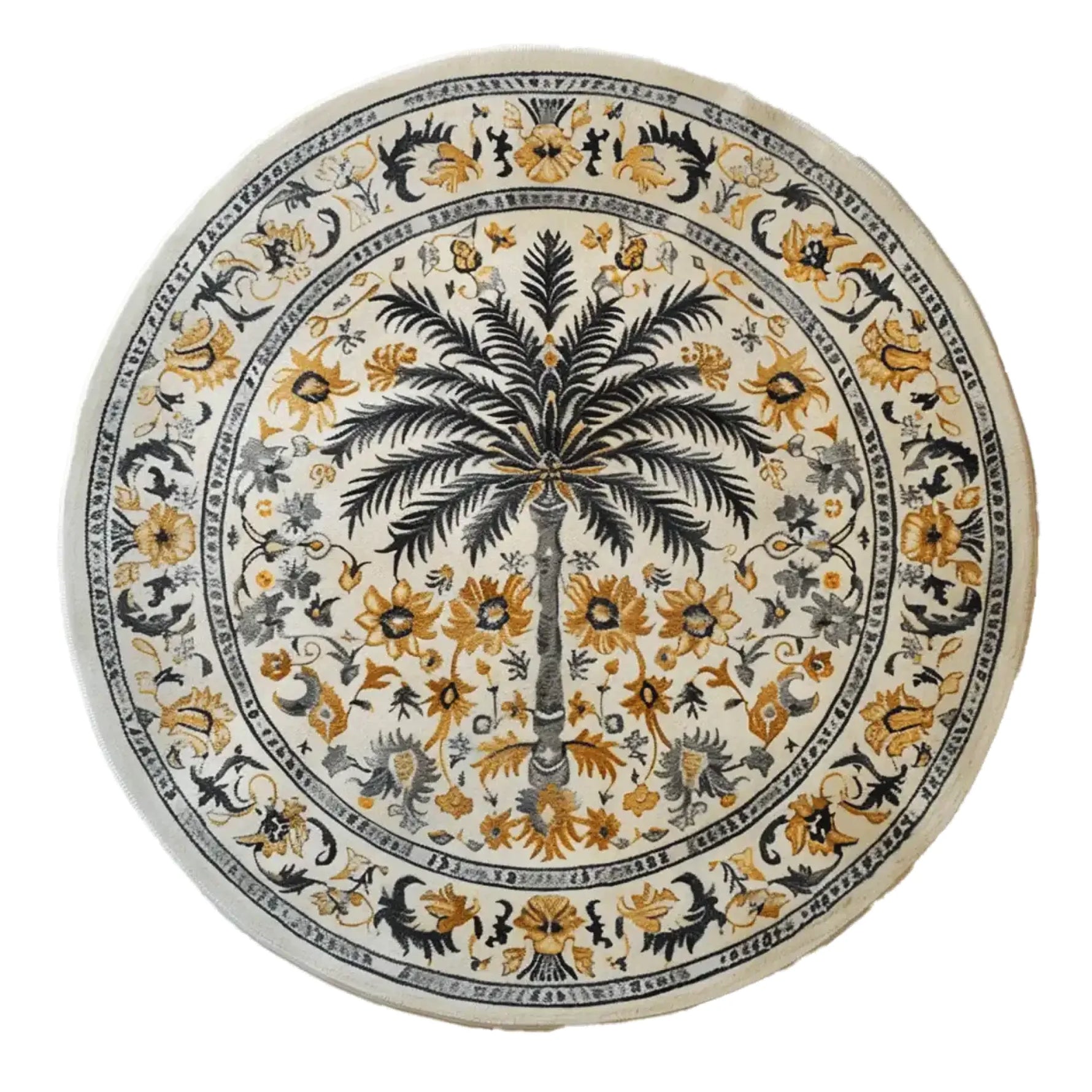Elegant Oasis Reverie Hand Tufted Wool Rug featuring a round design with intricate floral patterns and a central palm motif. Perfect for enhancing large living rooms, this wool rug offers a touch of nature with its detailed design, making it an ideal choice for those seeking unique living room area rugs.