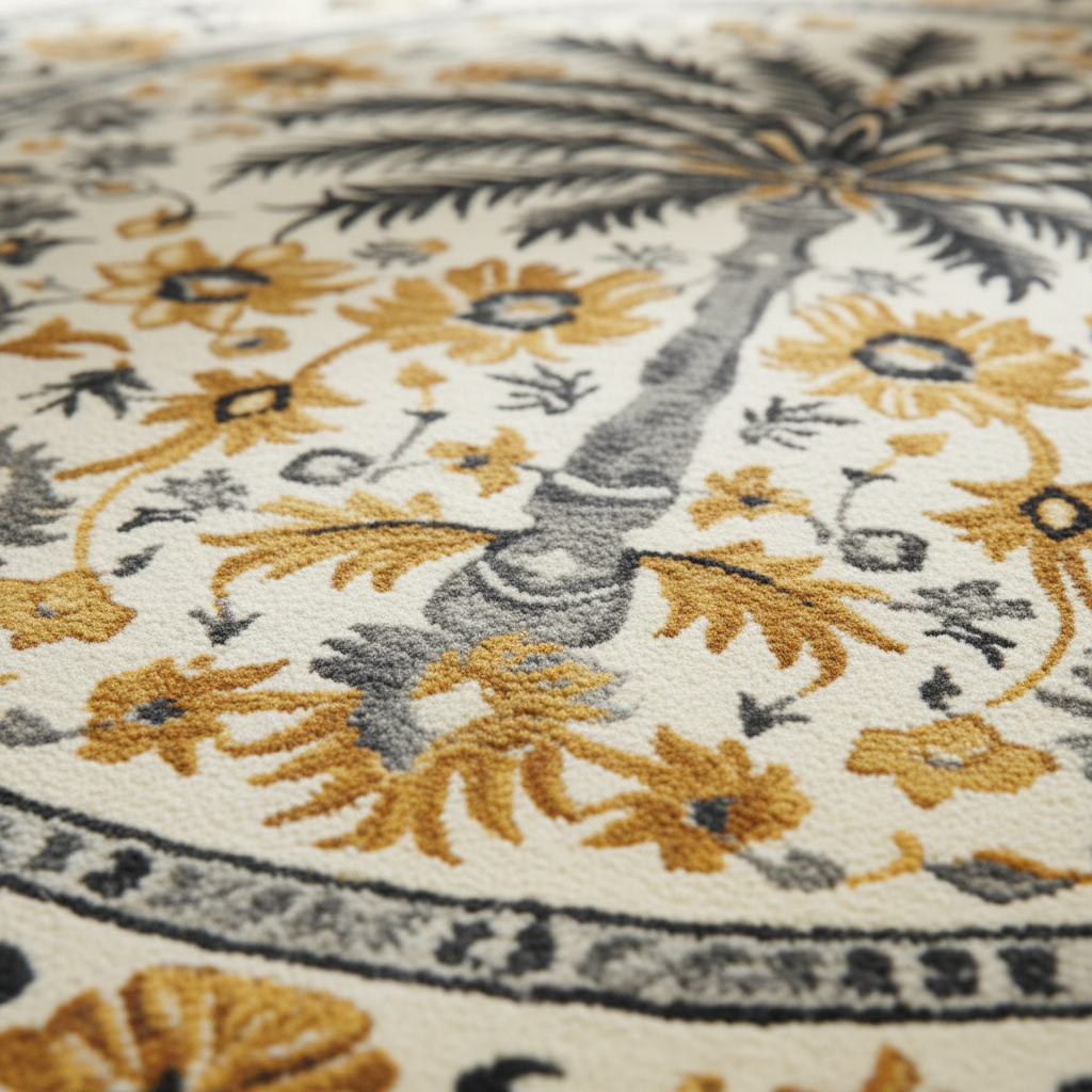 Close-up of a floral patterned rug with yellow and gray colors.