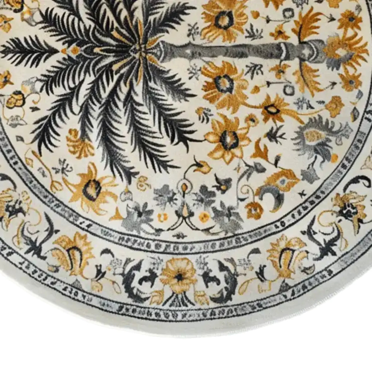 Round Oasis Reverie Hand Tufted Wool Rug featuring an intricate floral design with palm and flowers in shades of gold and gray. Perfect for adding elegance to large living room spaces, this wool rug combines beauty and durability.