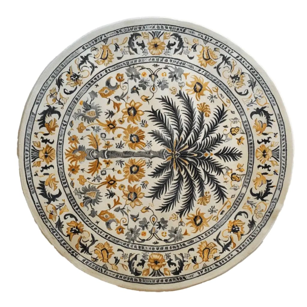 A beautiful round floral rug, perfect for large living room spaces. This hand-tufted wool rug features intricate black and gold botanical patterns on a cream background, ideal for adding elegance to any living room area.