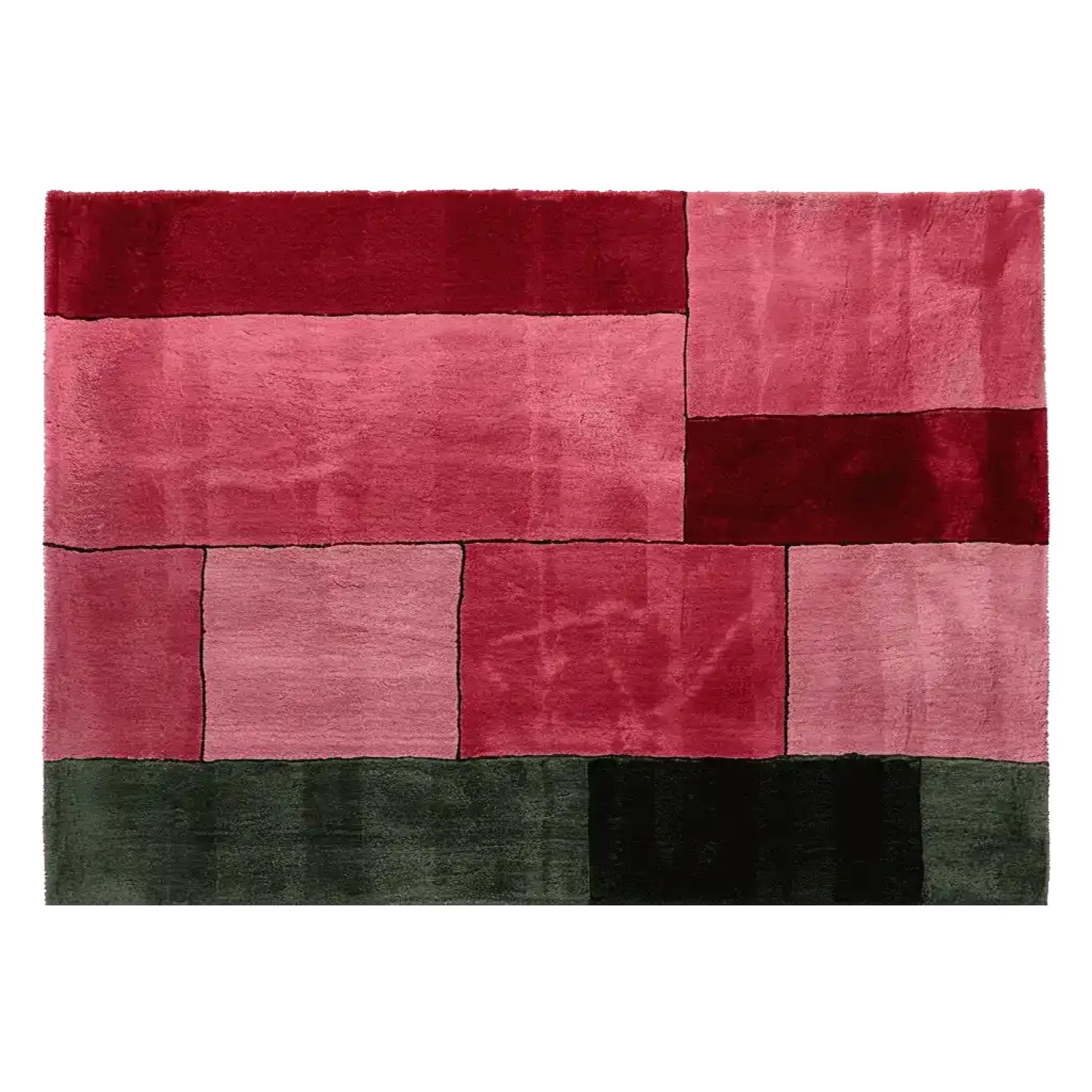 A vibrant Obscura Red Panel Hand Tufted Area Rug featuring a striking geometric pattern with bold red and pink rectangles, perfect for adding a contemporary touch to any living room. This wool rug combines modern design with cozy comfort, making it an ideal choice for living room area rugs.