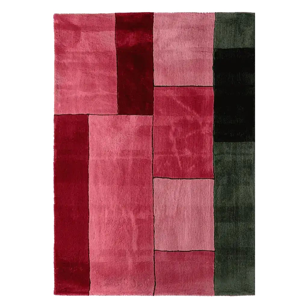 Top view of the Obscura Red Panel Hand Tufted Area Rug, showcasing its bold contemporary design with rich red and green blocks. This wool rug is perfect for enhancing any living room with a modern touch.