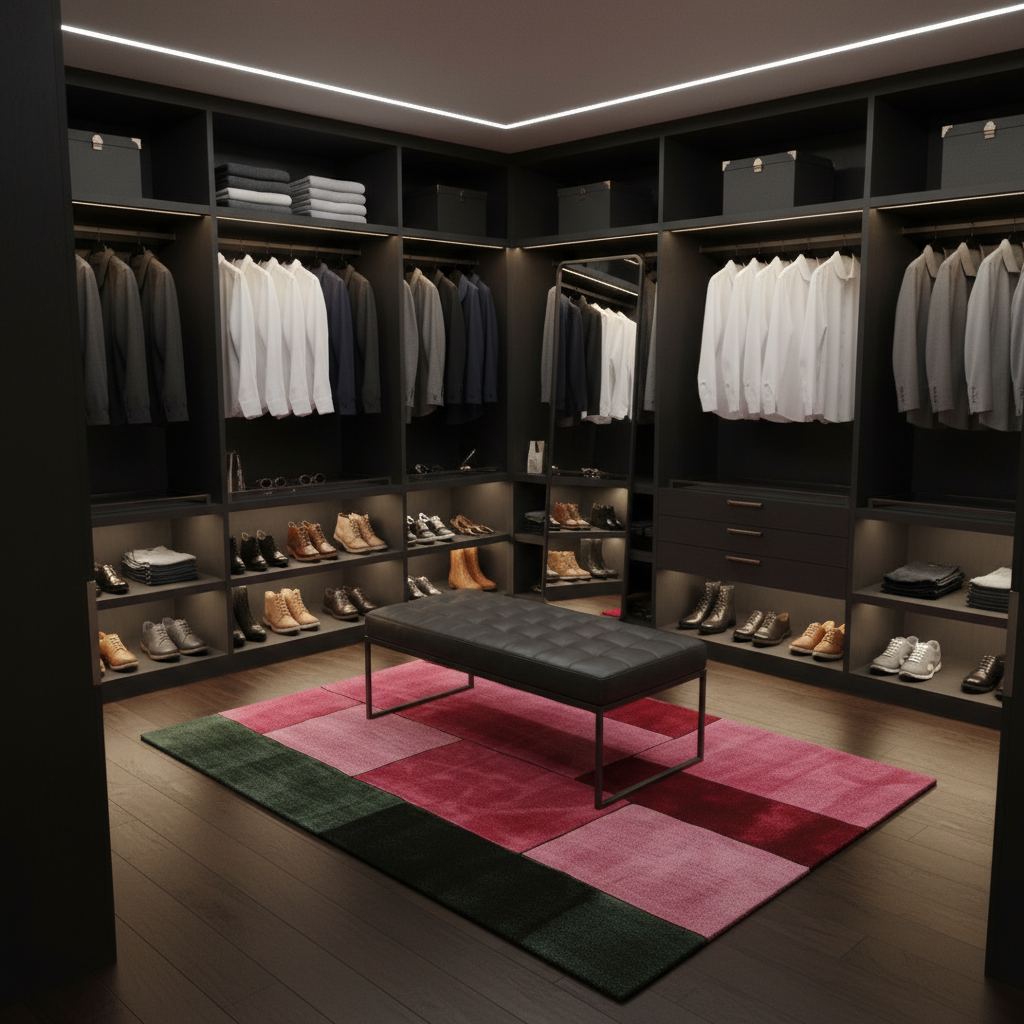 Modern walk-in closet with dark wooden shelves, clothes, shoes, and a colorful rug.