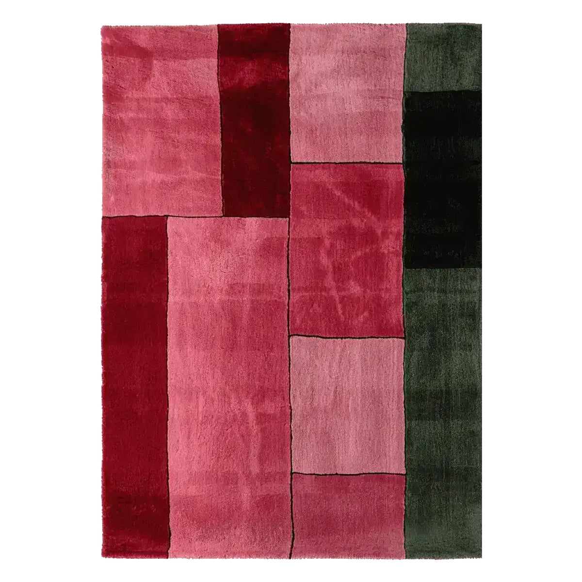 Top view of the Obscura Red Panel Hand Tufted Area Rug, showcasing its bold contemporary design with rich red and green blocks. This wool rug is perfect for enhancing any living room with a modern touch.