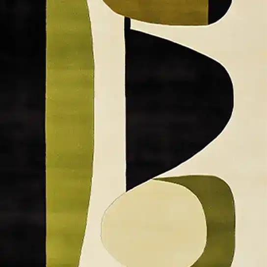 Close-up view of the Obscured Dimensions Hand Tufted Area Rug showcasing its contemporary design with abstract shapes in black, olive green, and cream colors. Ideal for formal dining rooms or as a statement piece in living and dining room spaces. Made from high-quality wool, this rug adds a modern touch to any dining room setting.