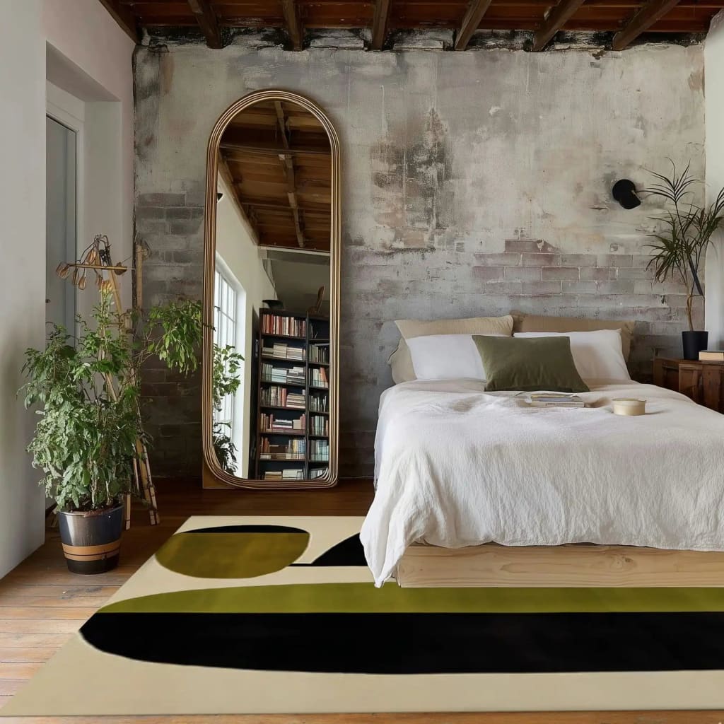 Stylish area rug in a modern bedroom setting, featuring a hand-tufted design with bold abstract shapes in earthy tones. Ideal for dining room or living room, this contemporary wool rug adds a touch of elegance to formal dining room spaces.