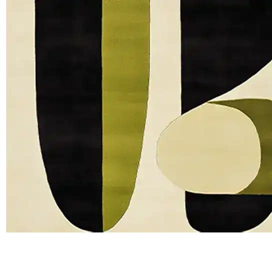 Contemporary area rug with an abstract design featuring bold black and olive green stripes, ideal for a formal dining room or living room. This hand-tufted wool rug adds a modern touch to any dining room setting.